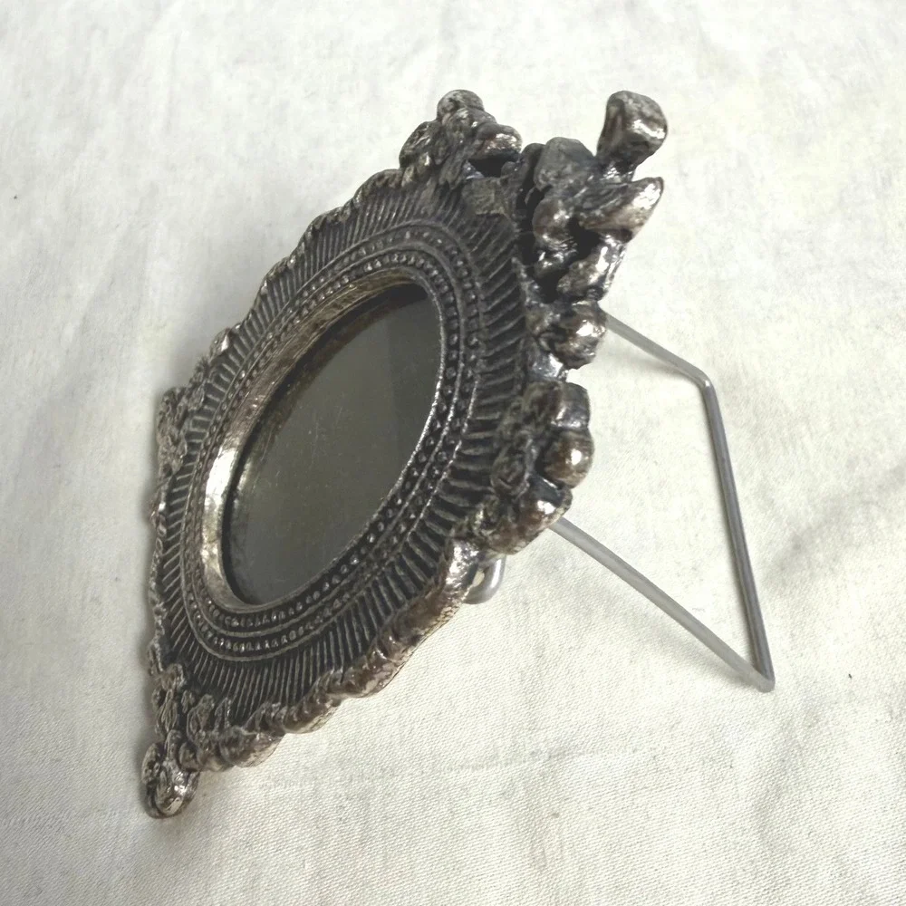 VTG Set of 2 Mini Victorian Style Silver Tone Easel Frames Oval Cherub Floral